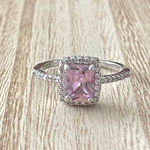 Radiant Pink Sapphire Halo Ring - Platinum Plated